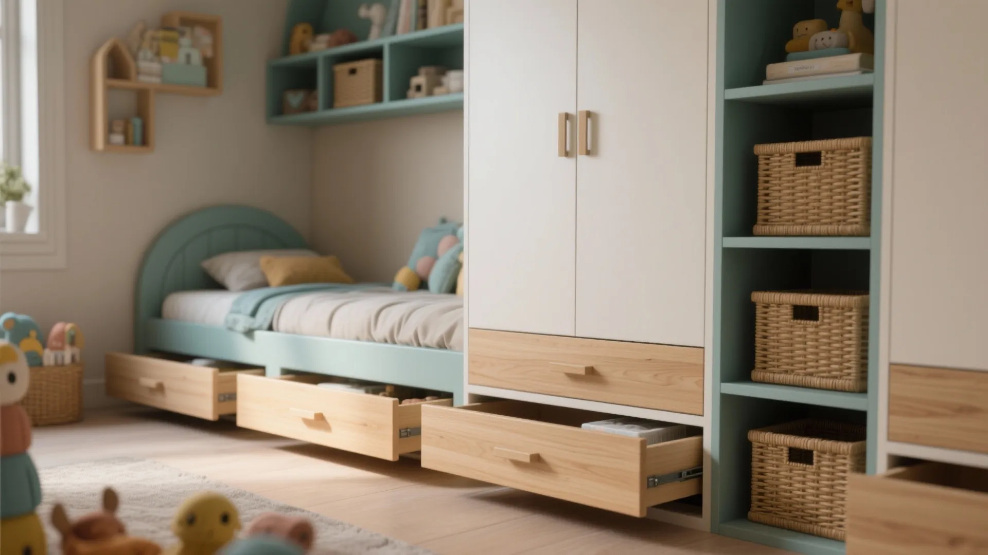 Close-up of hidden under-bed drawers and wall niches in a shared children's room, showing materials and hardware.