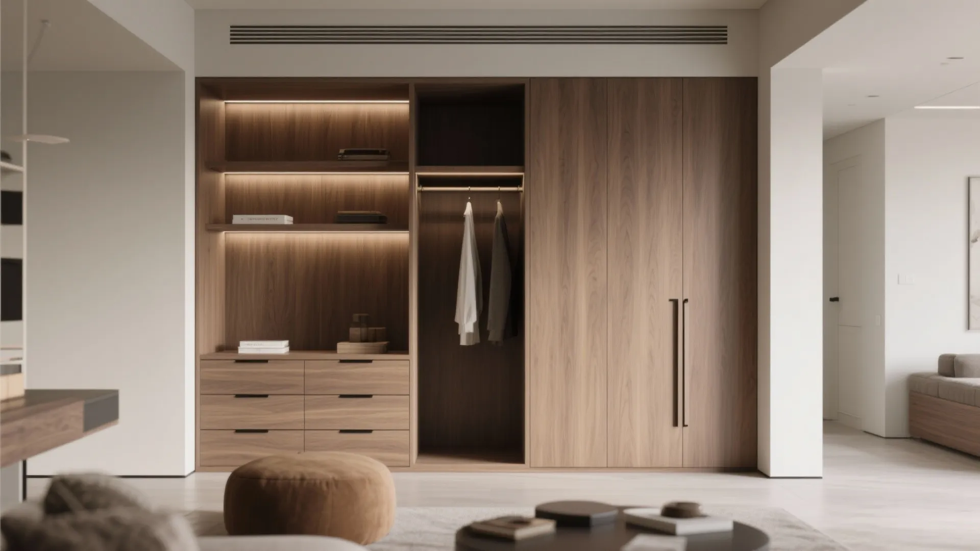 5. Built-in storage walls that hide clutter and define space