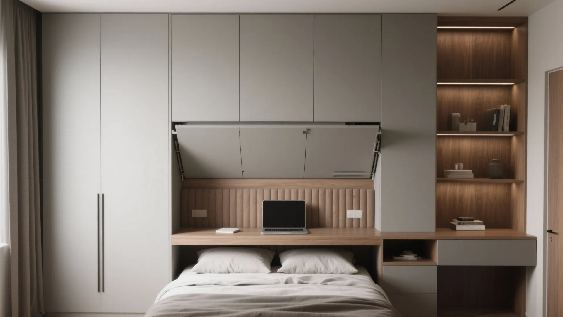 Modern bedroom with built-in storage cabinets above a wooden desk area and integrated bed frame