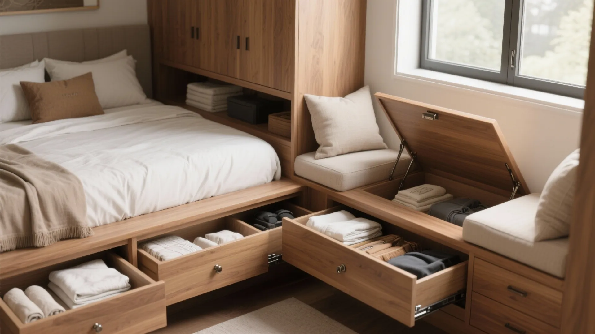 2. Built-in storage under beds and benches