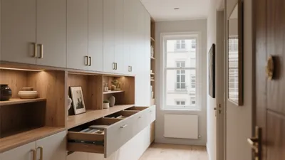 Modern Hallway Storage Design with Wood Accent