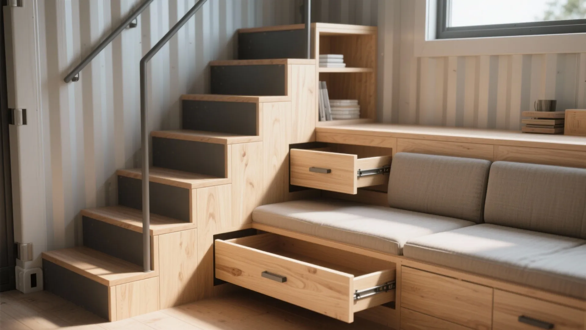 Staircase drawers and banquette seating with hidden storage inside a container home