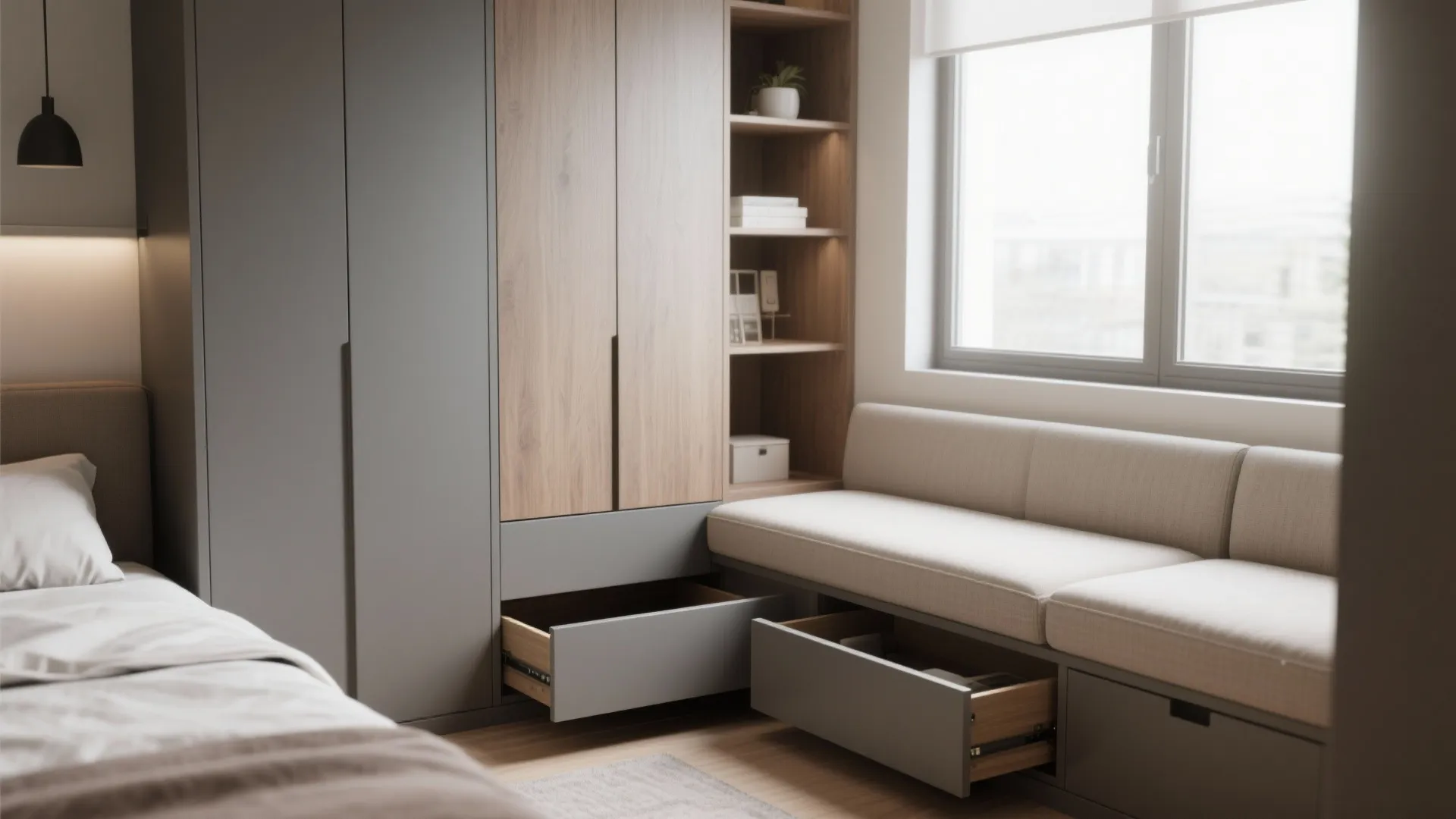 Bedroom storage design with grey wardrobe wood cabinets and window seat with built in pullout drawers