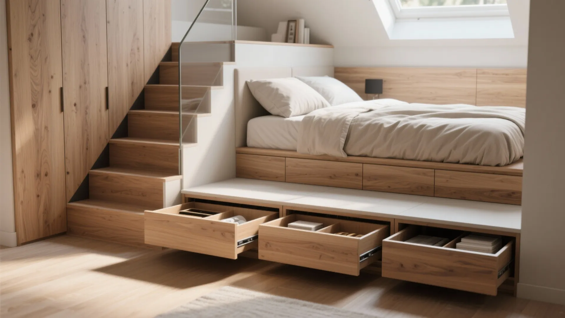3. Built-in storage under stairs and beds