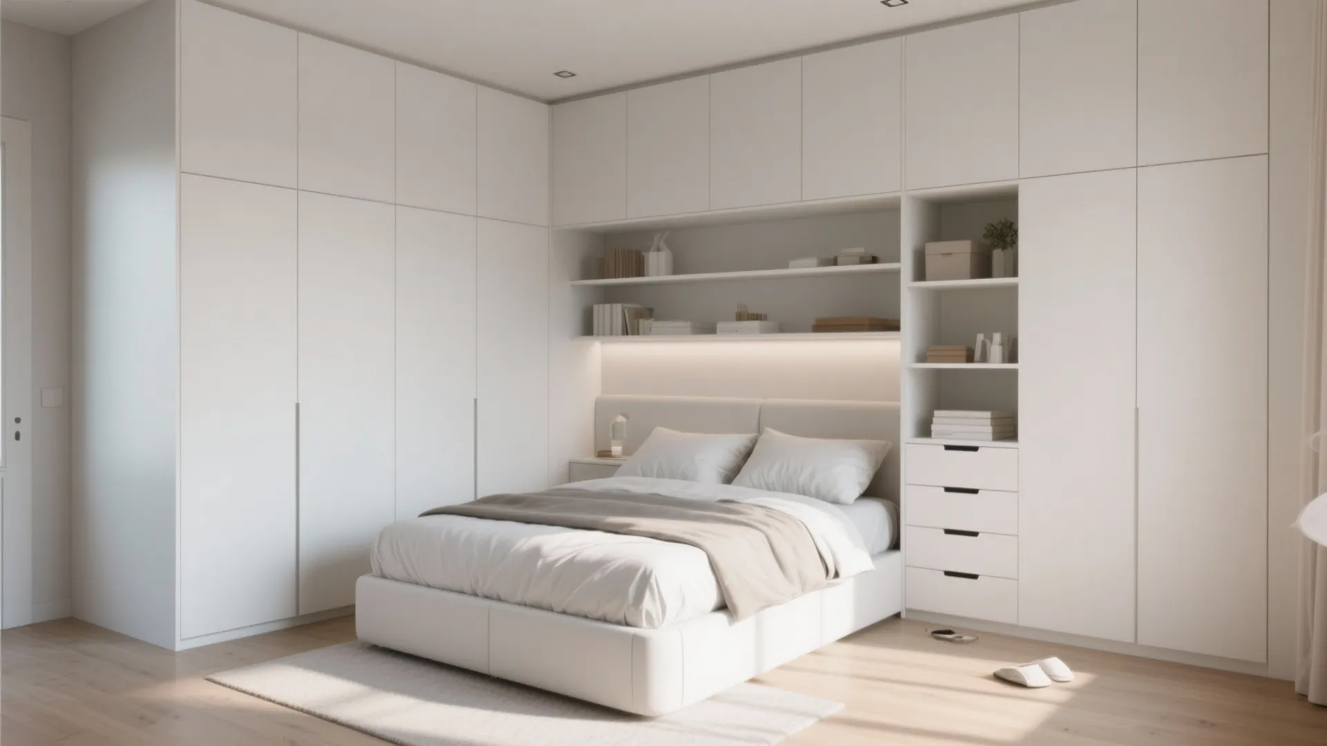 4. Built-In White Storage to Maximize Floor Space