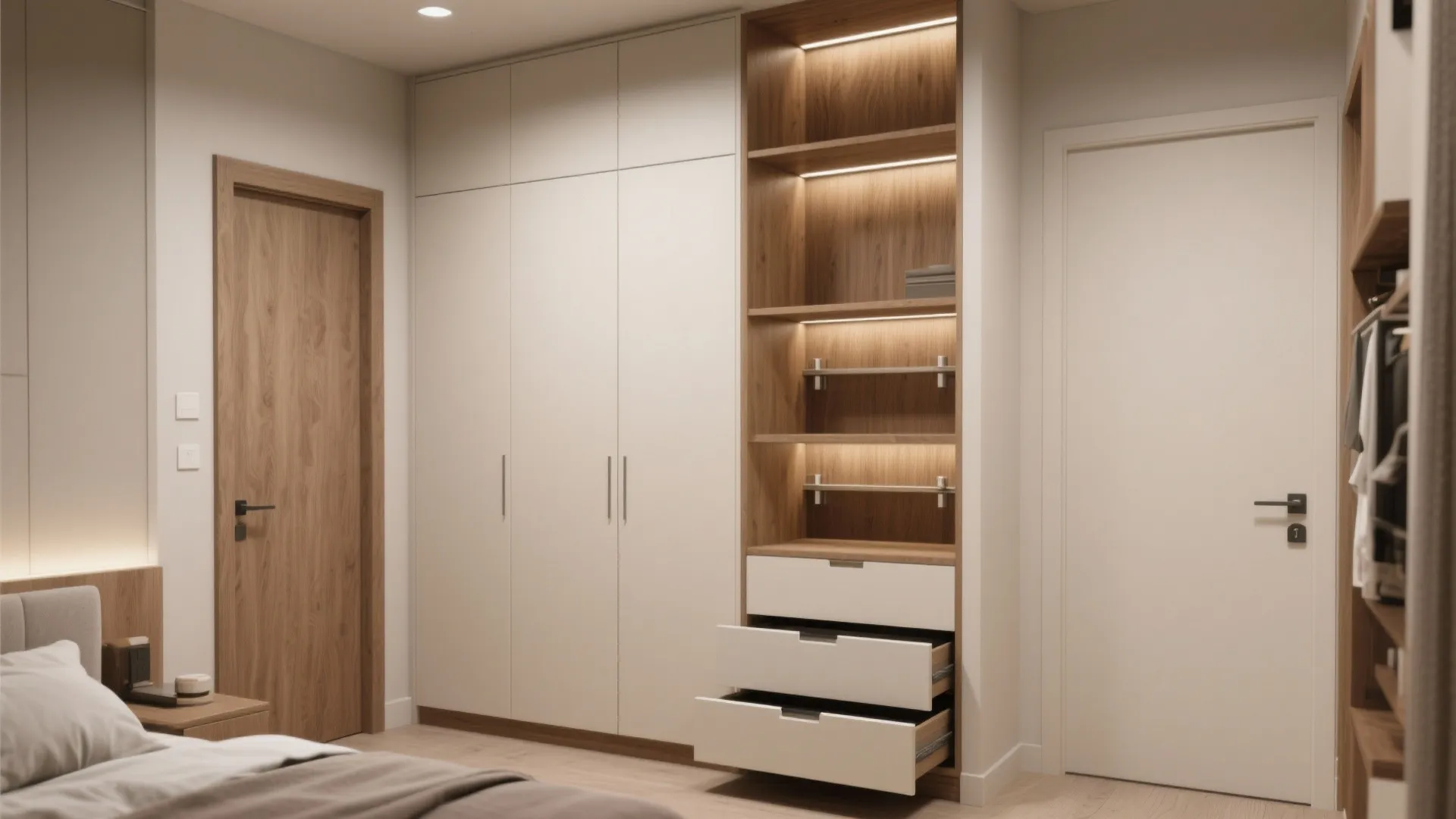 Modern bedroom with white wardrobe, built-in wooden shelves with lights, open drawers, and wooden door