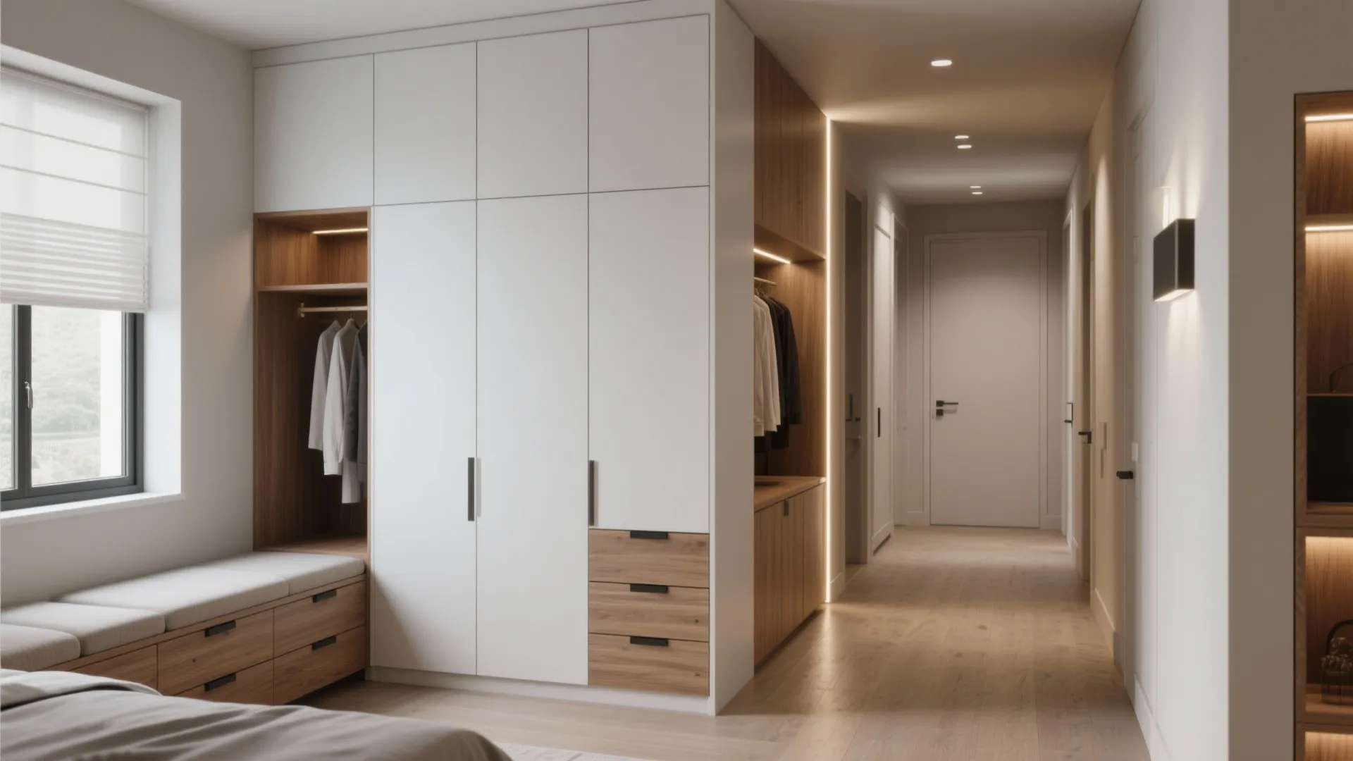 Floor-to-ceiling built-ins and window seat storage integrated into architecture