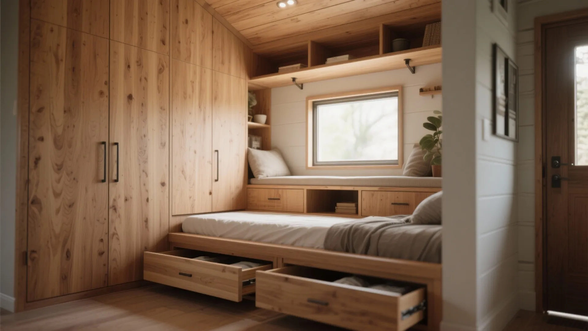Wooden bedroom with integrated closet and bed featuring built-in storage drawers and cozy window seat