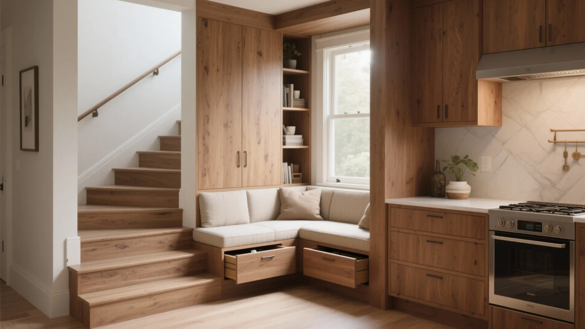 Built in wood seating area with storage drawers next to a staircase and kitchen oven
