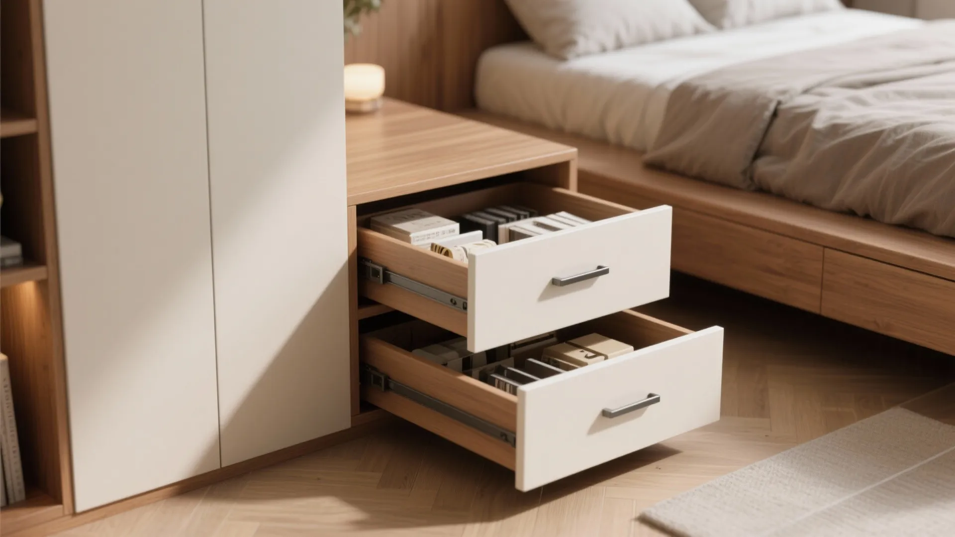 Bedroom storage area showing white wardrobe and open wooden drawers near bed on light floor