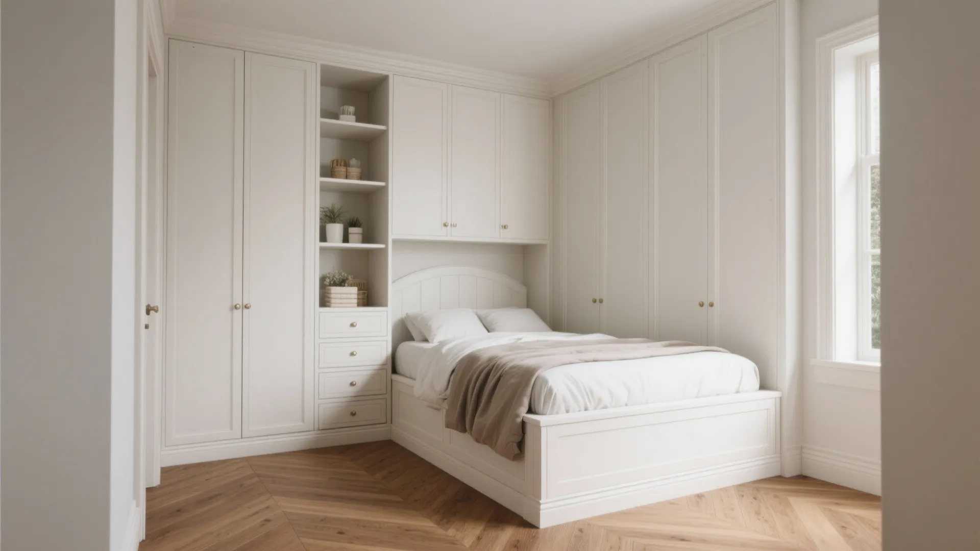 White bedroom interior with wall cabinets around a bed featuring wood floor and natural light