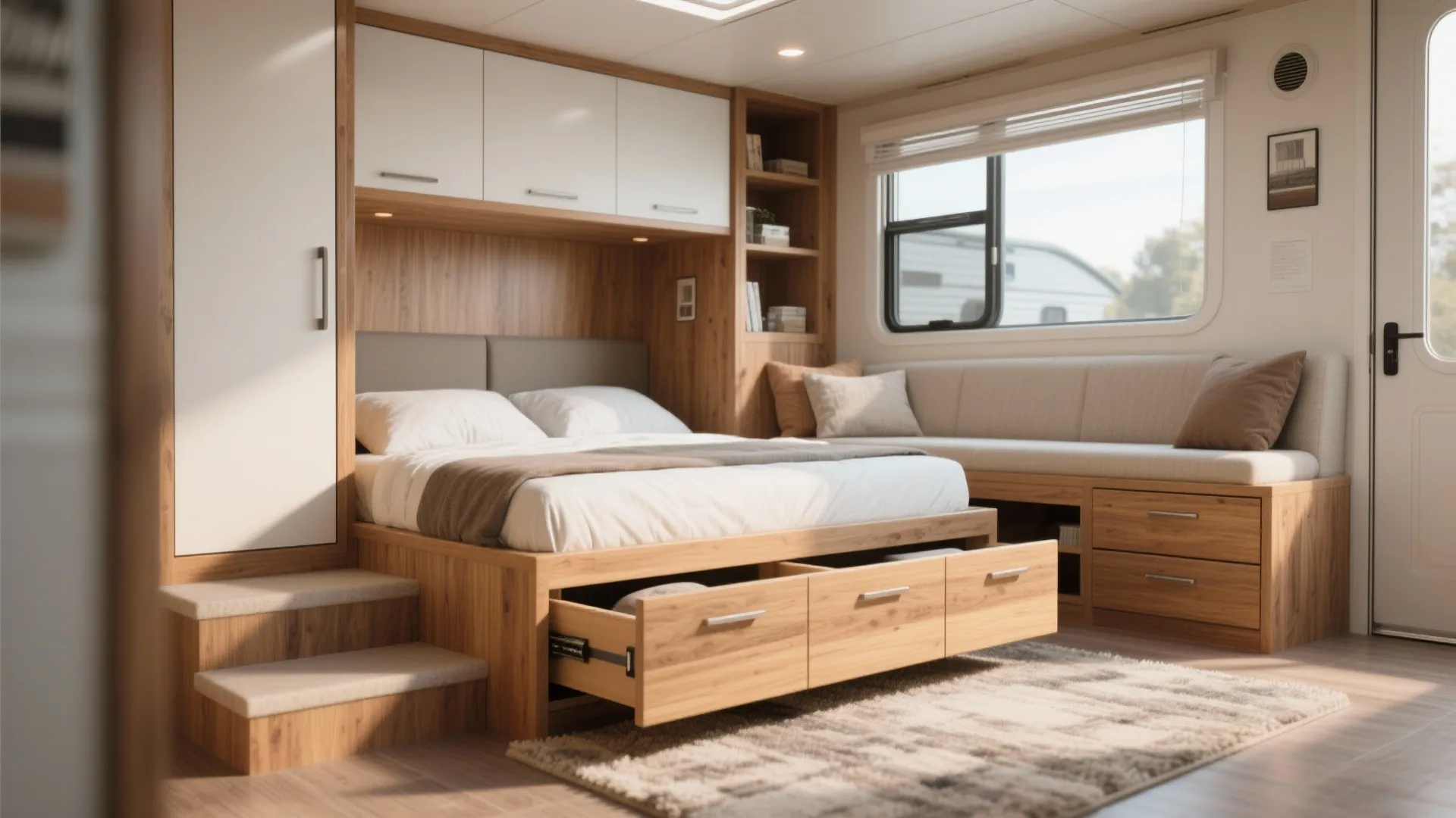 Modern wood bedroom design with storage bed drawers plus white cabinets and cozy window seating