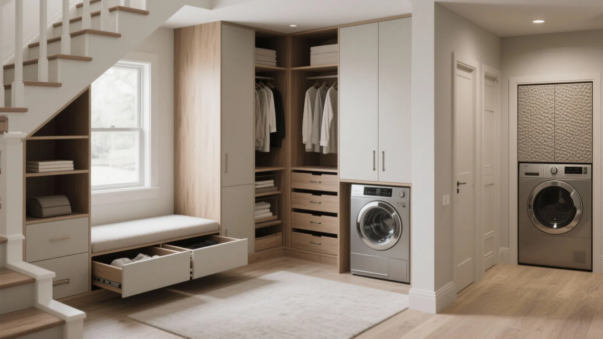 Custom laundry area under stairs with wooden cabinets, washing machine, open drawers, and organized storage