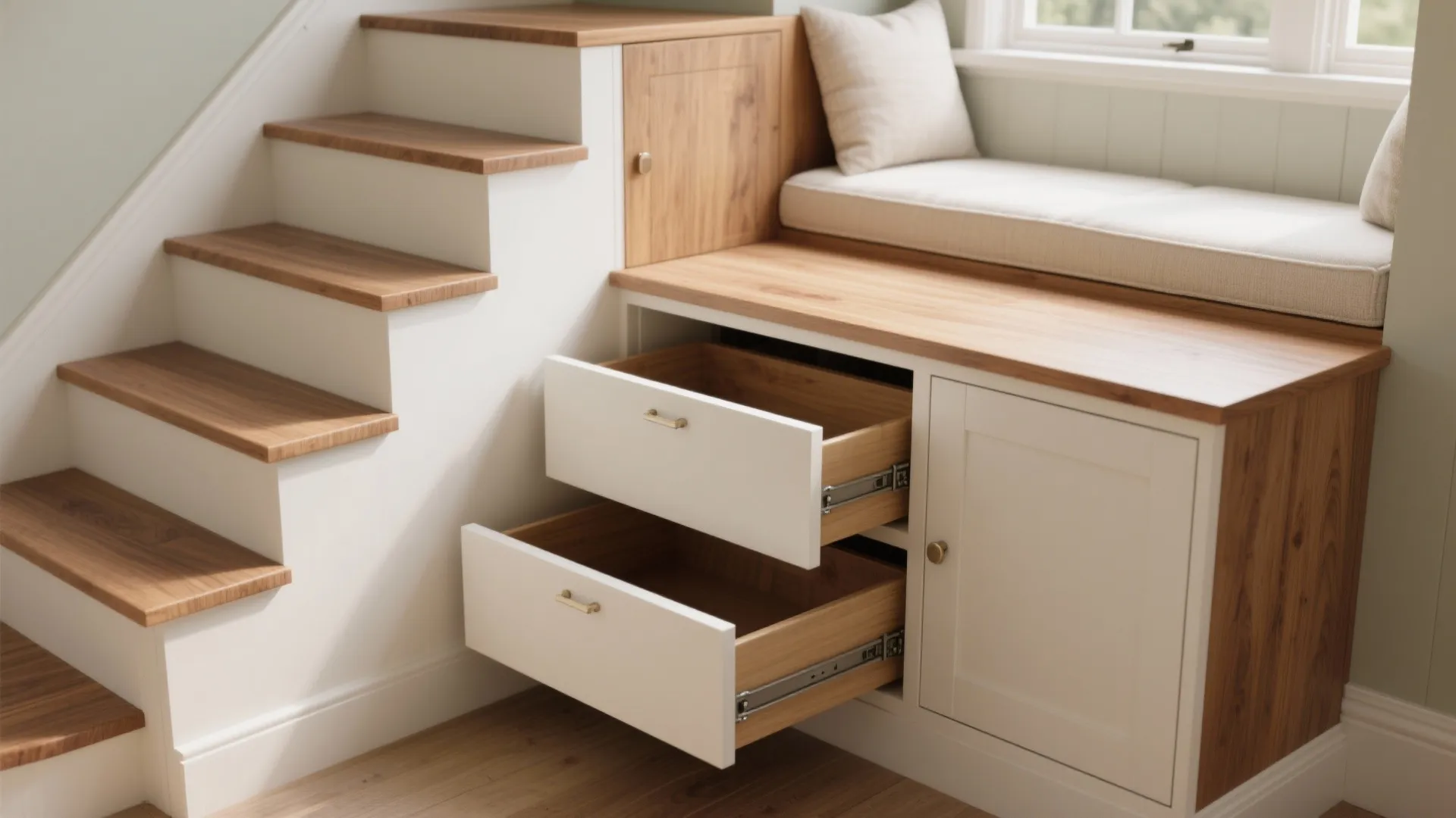 Modern staircase with integrated wooden storage drawers and a cozy window seat with white cushions