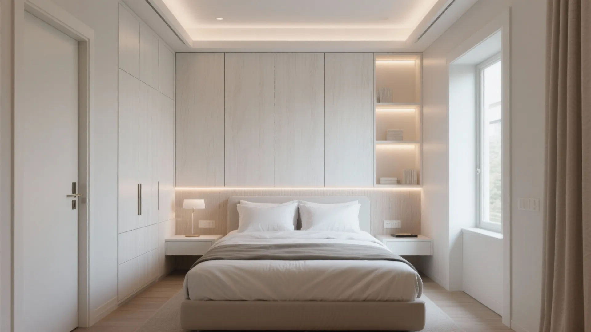 Compact bedroom with floor-to-ceiling white wood built-ins and integrated lighting around the bed
