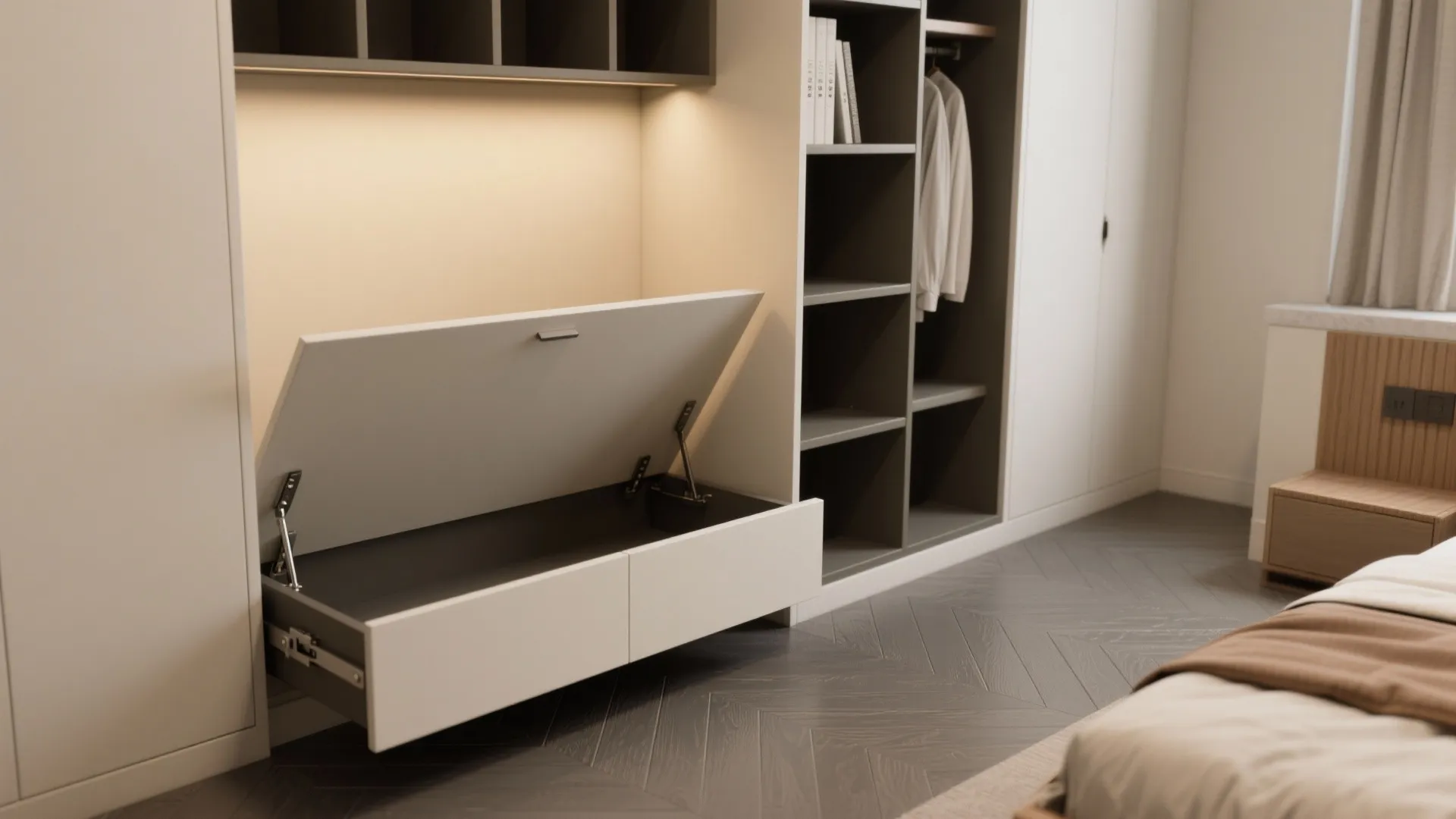 Modern white built in cabinet with open storage drawer integrated lighting and dark wood floor design