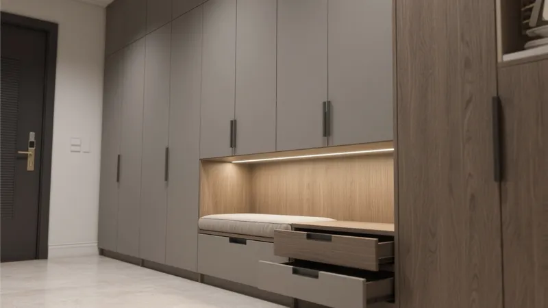Modern Entryway Closet with Built-In Bench & LED Lighting