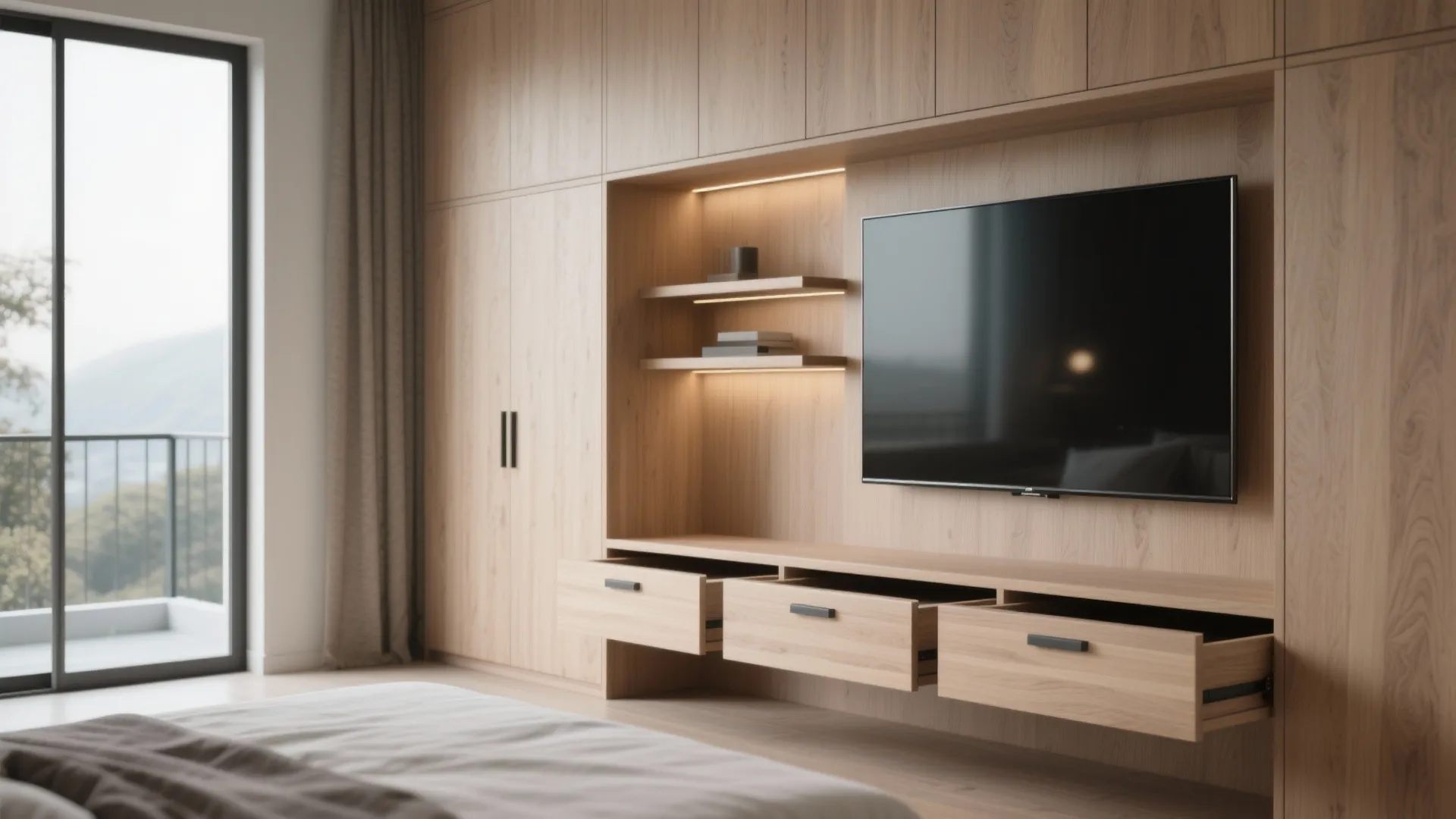 Custom wooden wall cabinet with integrated television shelf and open drawers in a modern bright bedroom