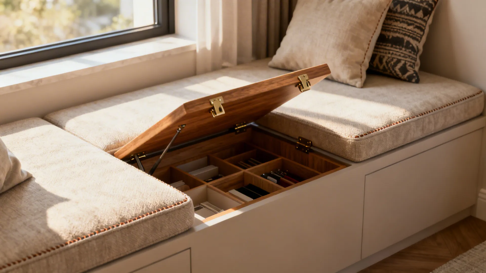 Built-in cushioned bench with lift-up hidden storage and organized compartments