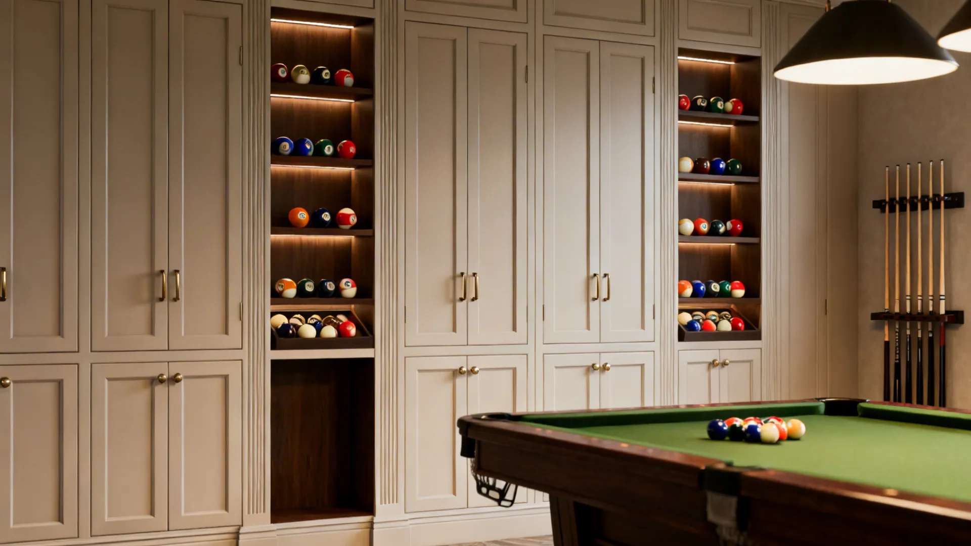 Built-in cabinetry with cue racks and ball display shelves beside a pool table