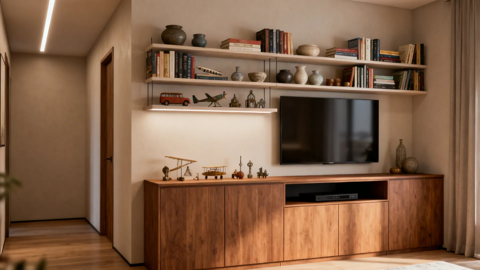Built-in shallow cabinets with open shelves displaying books and decor in a small living room.