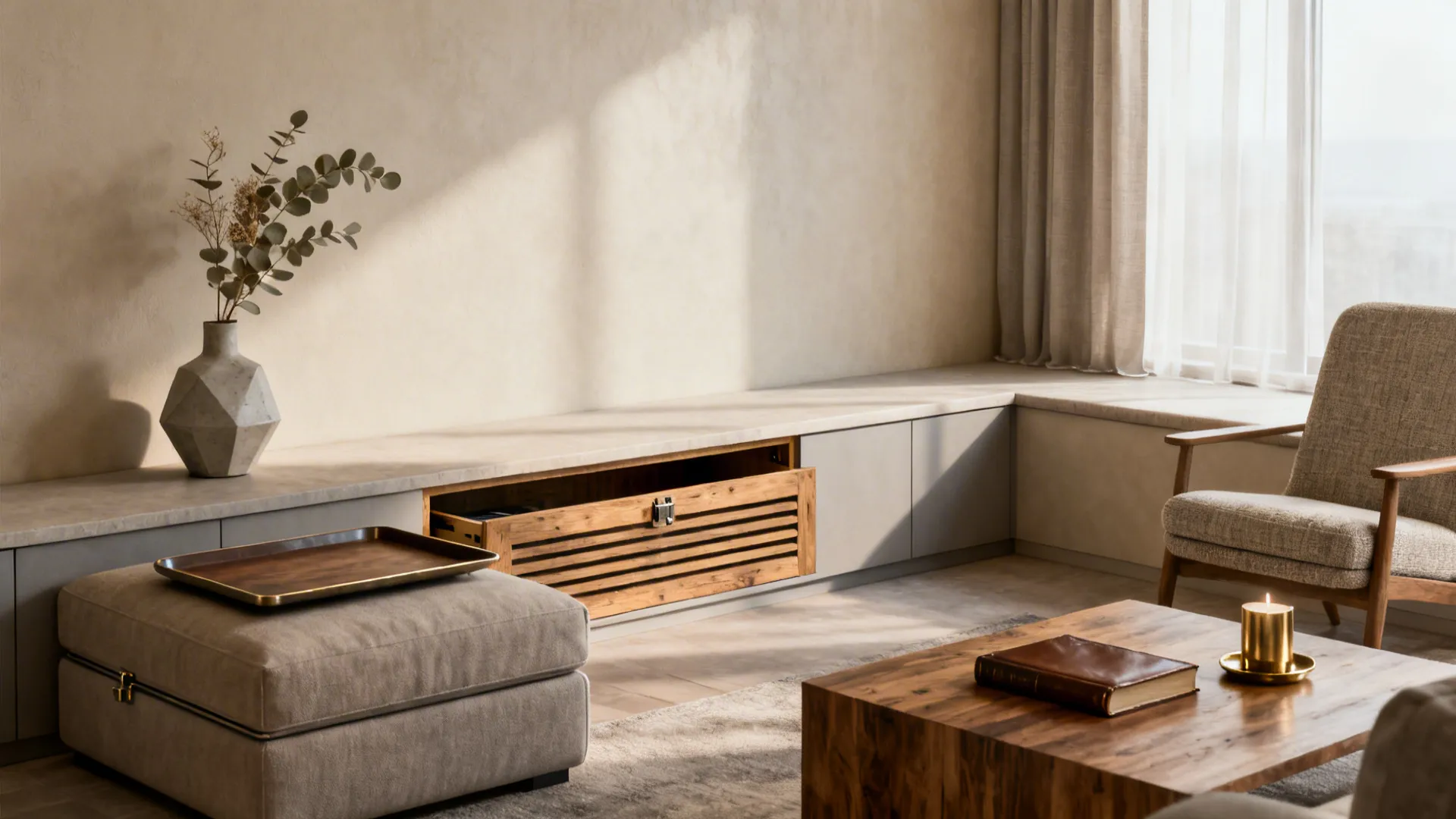 Small living room with low built-in bench and reclaimed-wood media console for hidden storage