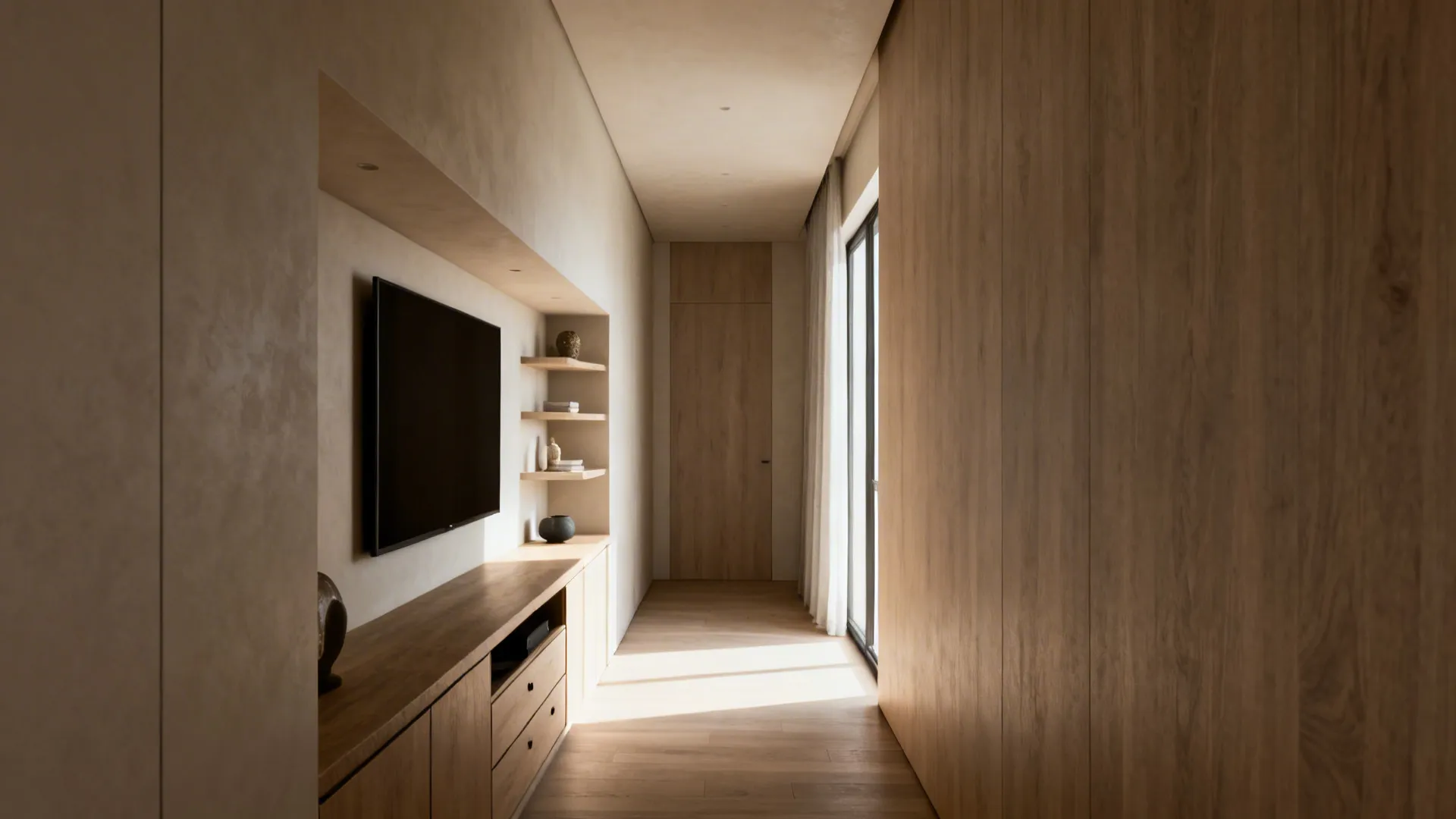 Narrow living room with recessed media wall and hidden drawers creating visual calm