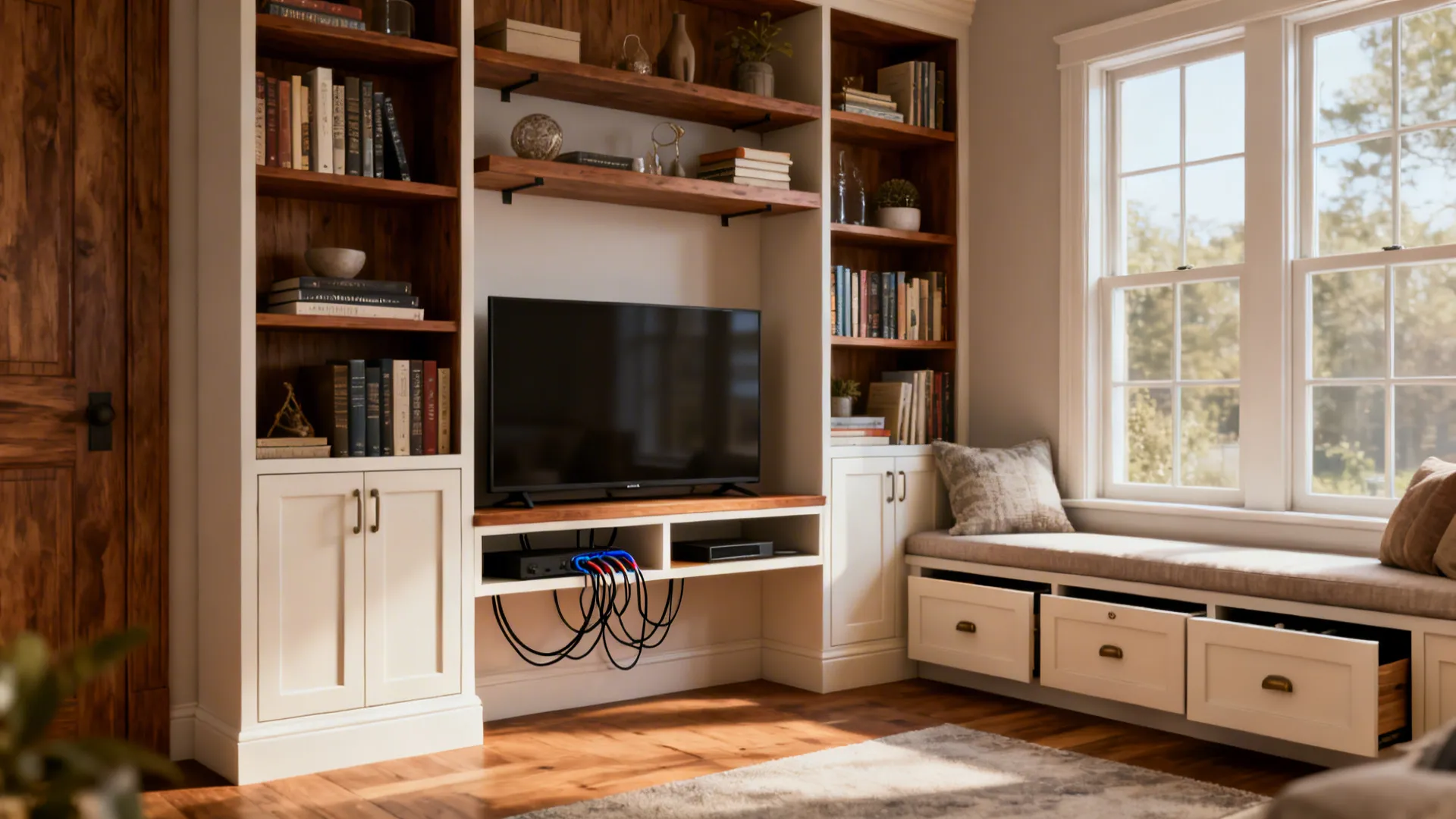 Custom built-in shelving and concealed storage in a small living room with styled decor.