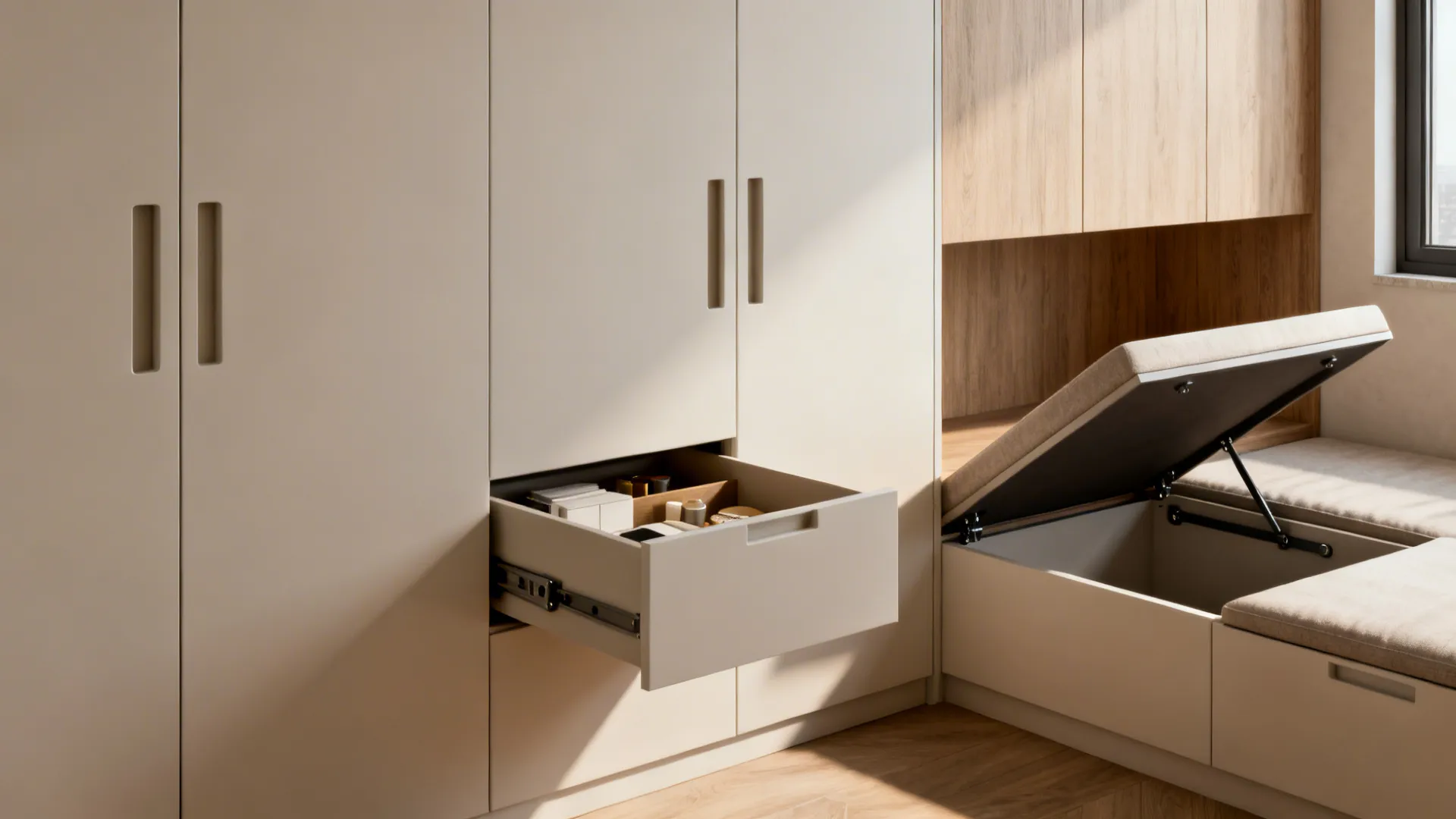Built-in floor-to-ceiling cabinets and a storage bench with recessed handles in a small apartment.