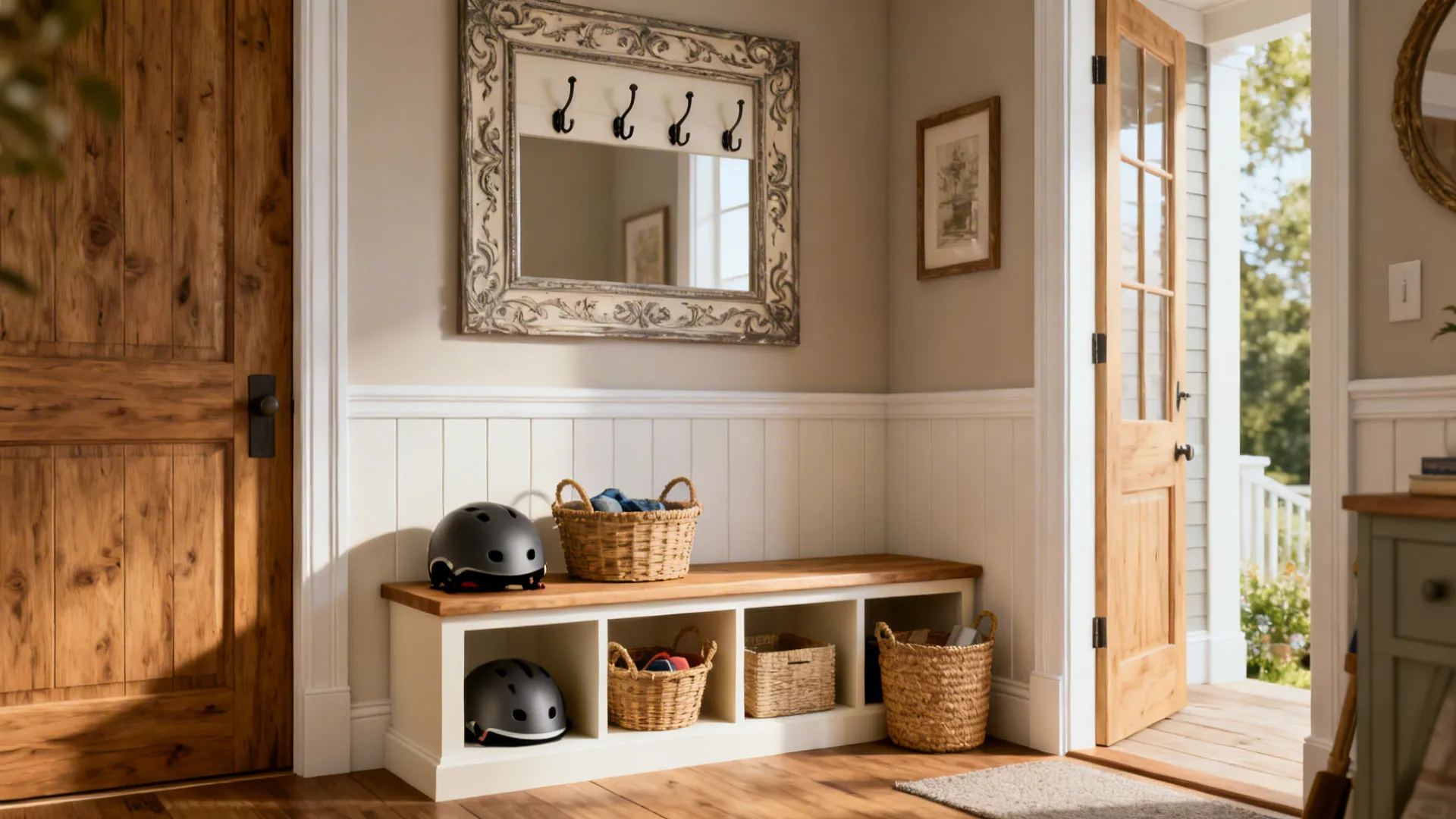 Compact mudroom corner with built-in bench, cubbies and decorative hooks storing helmets and leashes