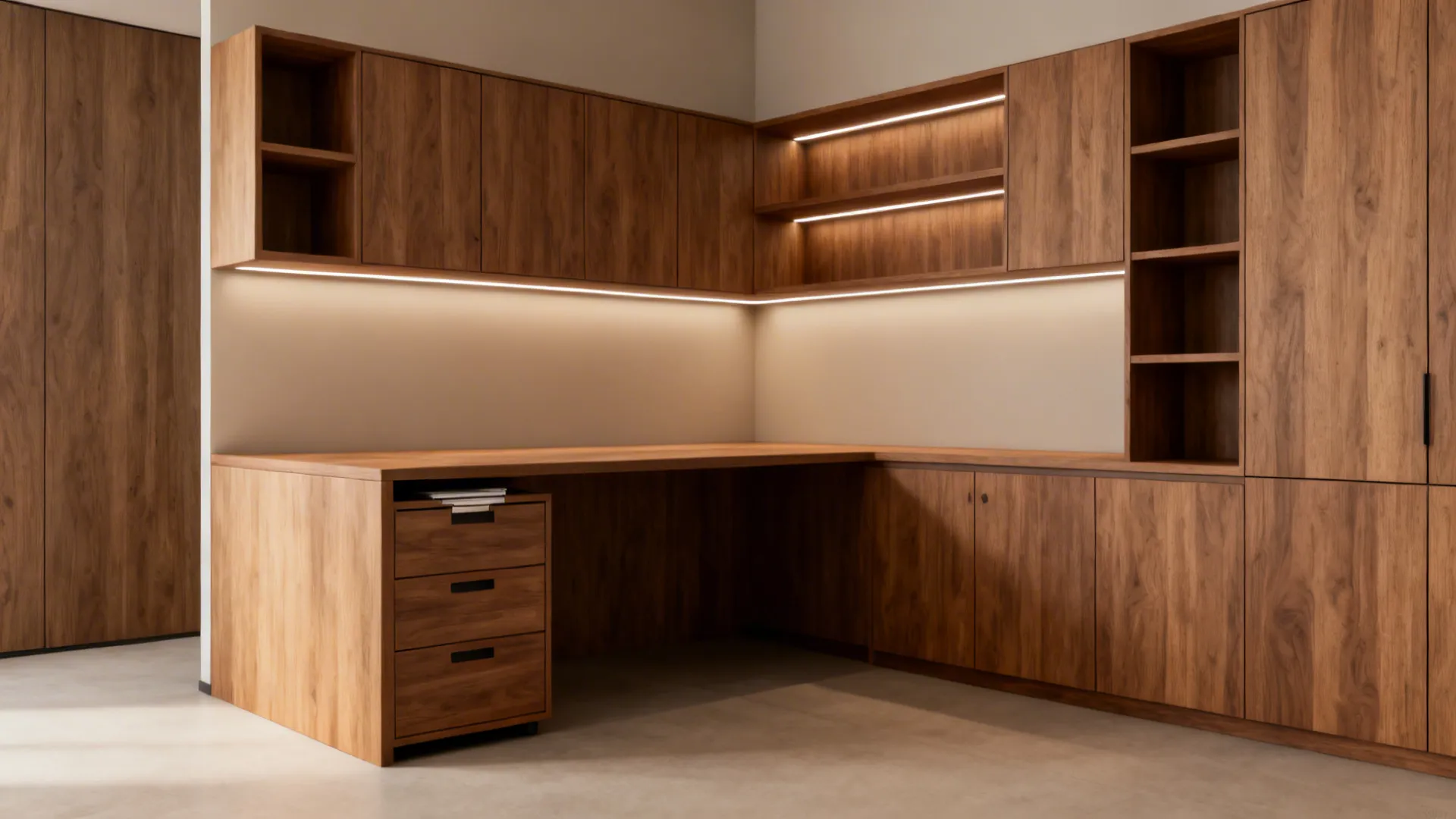 Built-in L-shaped desk with filing drawers and open shelving, integrated lighting and cohesive finishes.