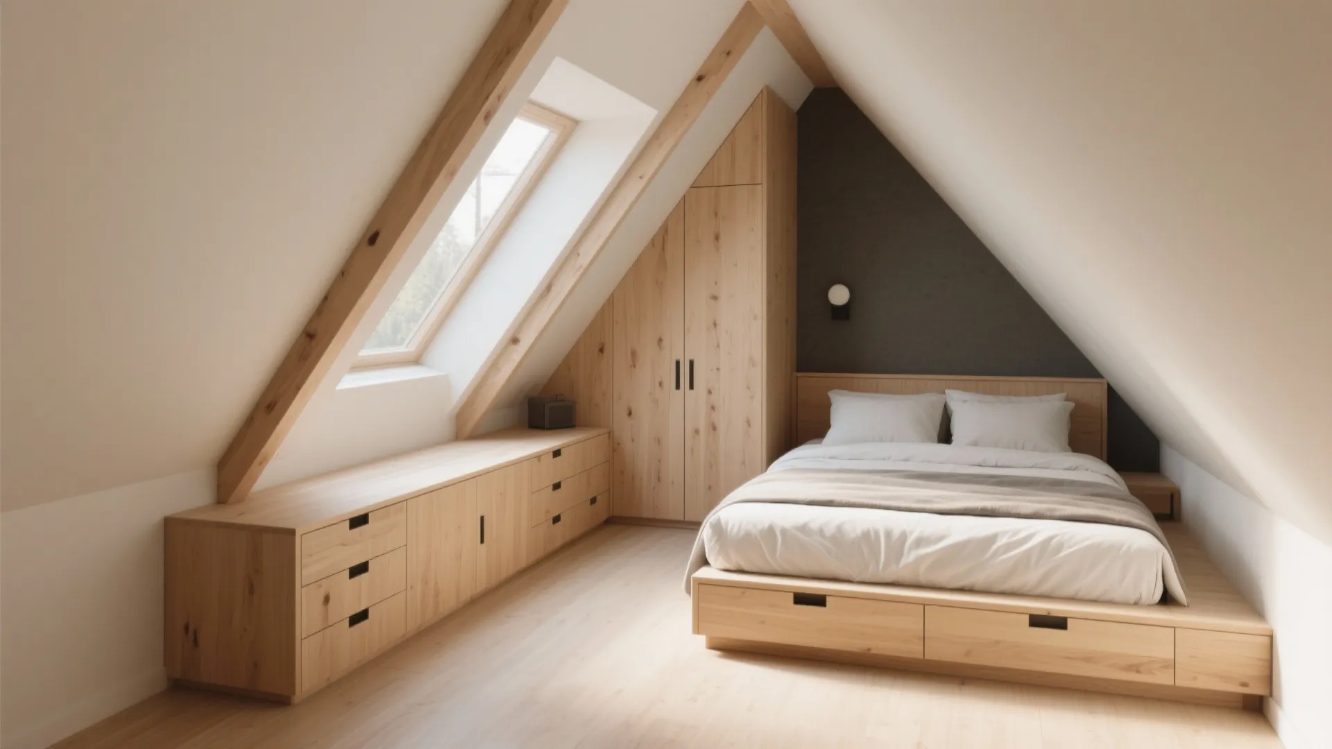 Custom drawers fitted under sloped ceiling for storage