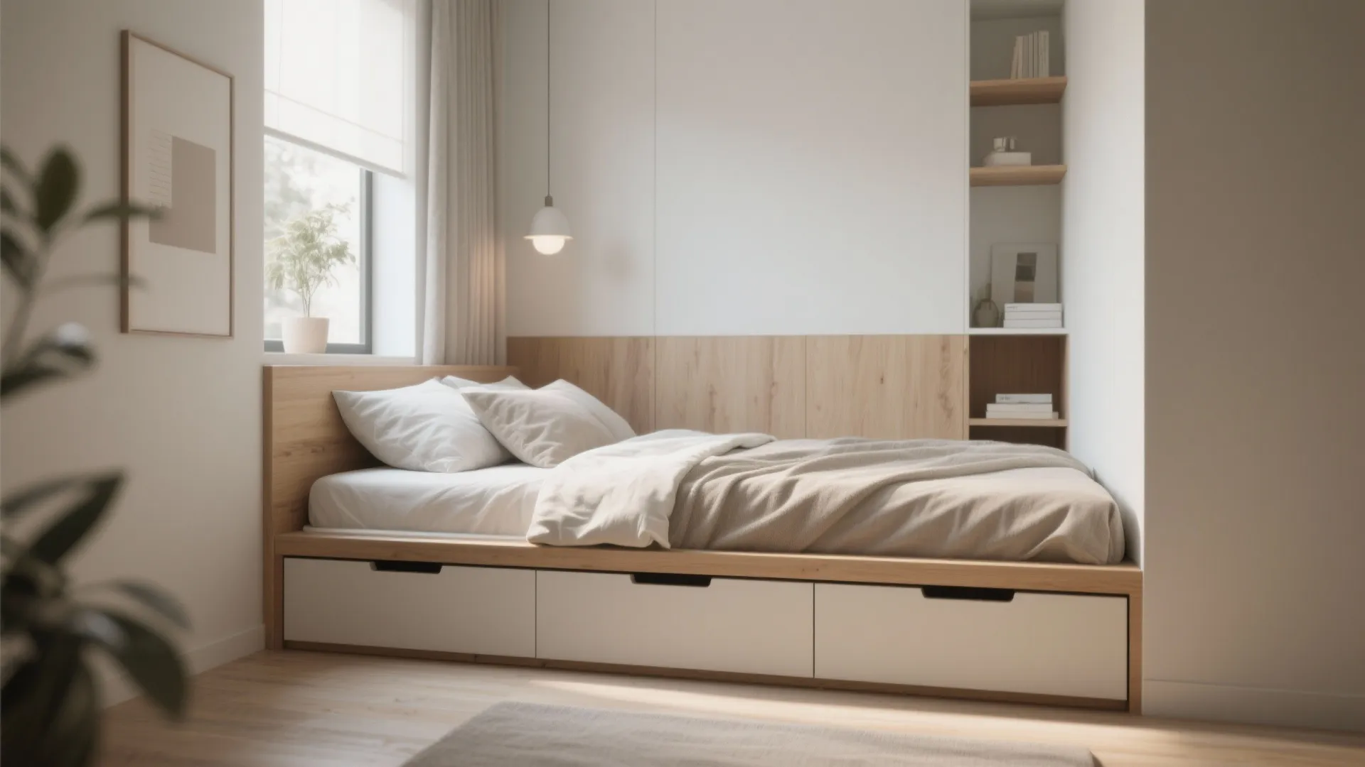 Minimalist bedroom featuring a wooden bed frame with three white storage drawers and neutral bedding