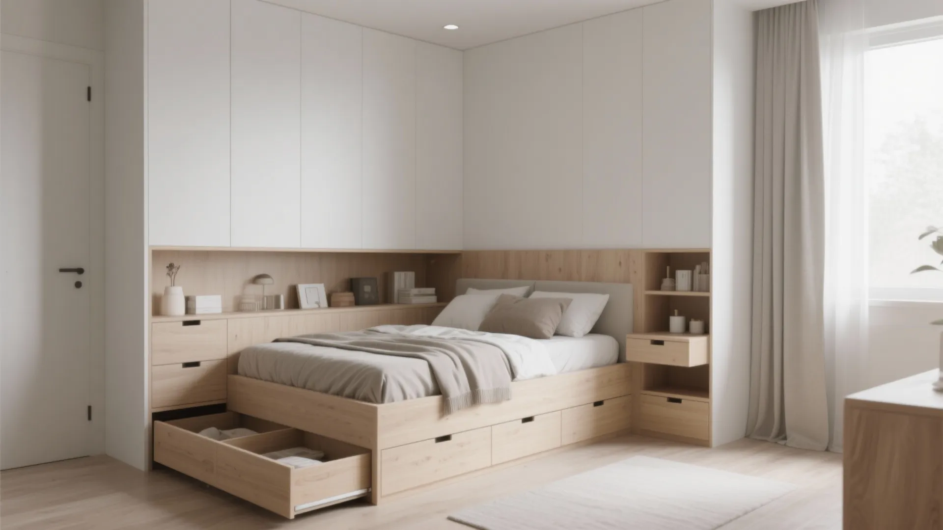 Light wood bed frame with open storage drawers white wall cabinets and small bedside shelves