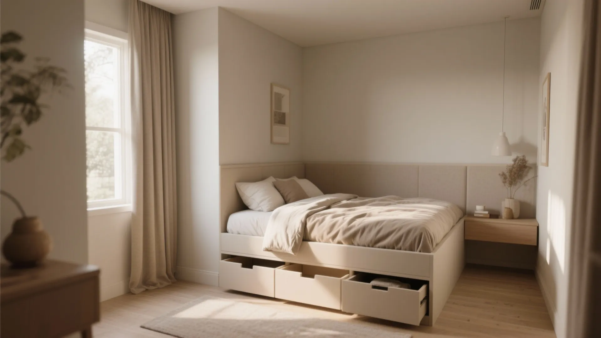 Bright bedroom showing beige bed with three built-in storage drawers, neutral curtains, and wooden floor