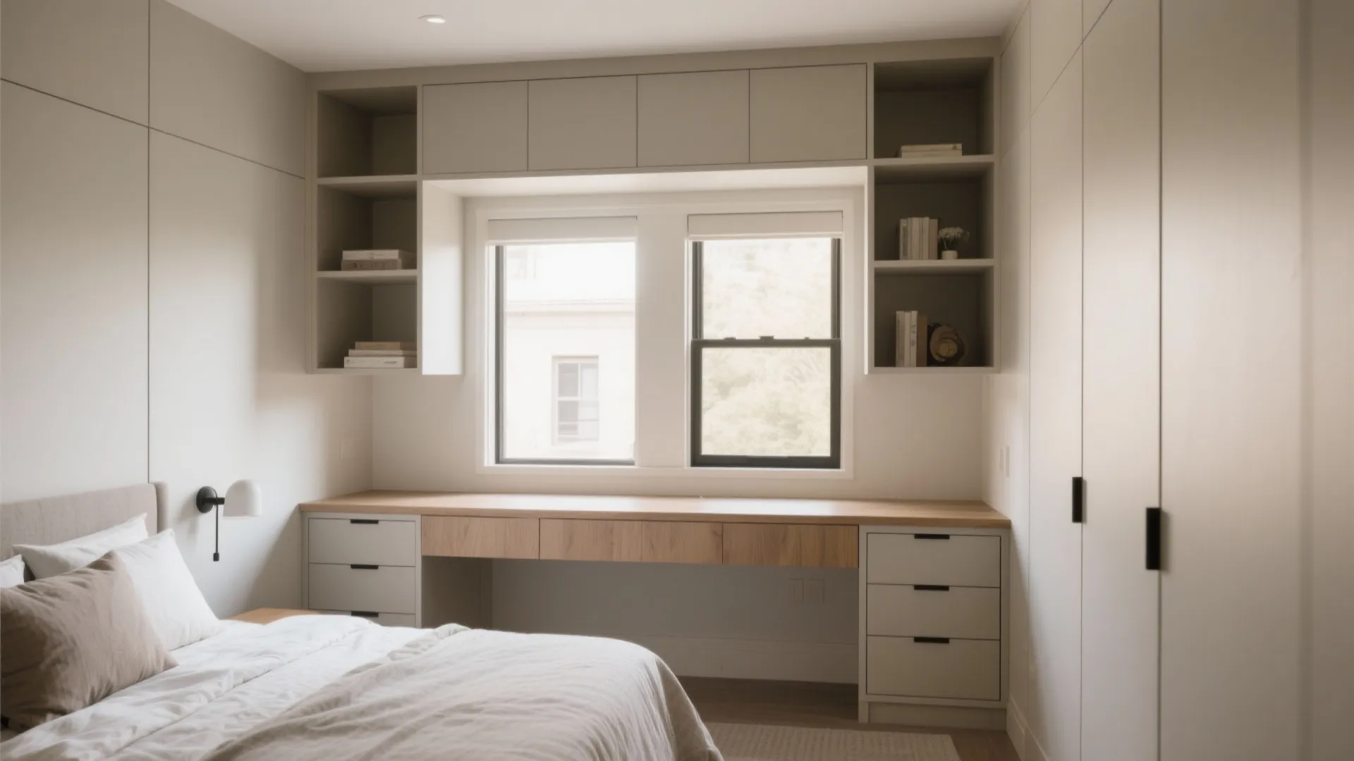 Modern bedroom with long wooden desk under windows, wall cabinets, white bed, and grey wardrobe