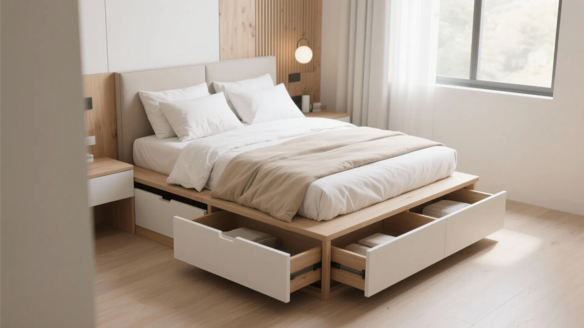 Modern wooden bed frame with open storage drawers underneath and white bedding in bright bedroom
