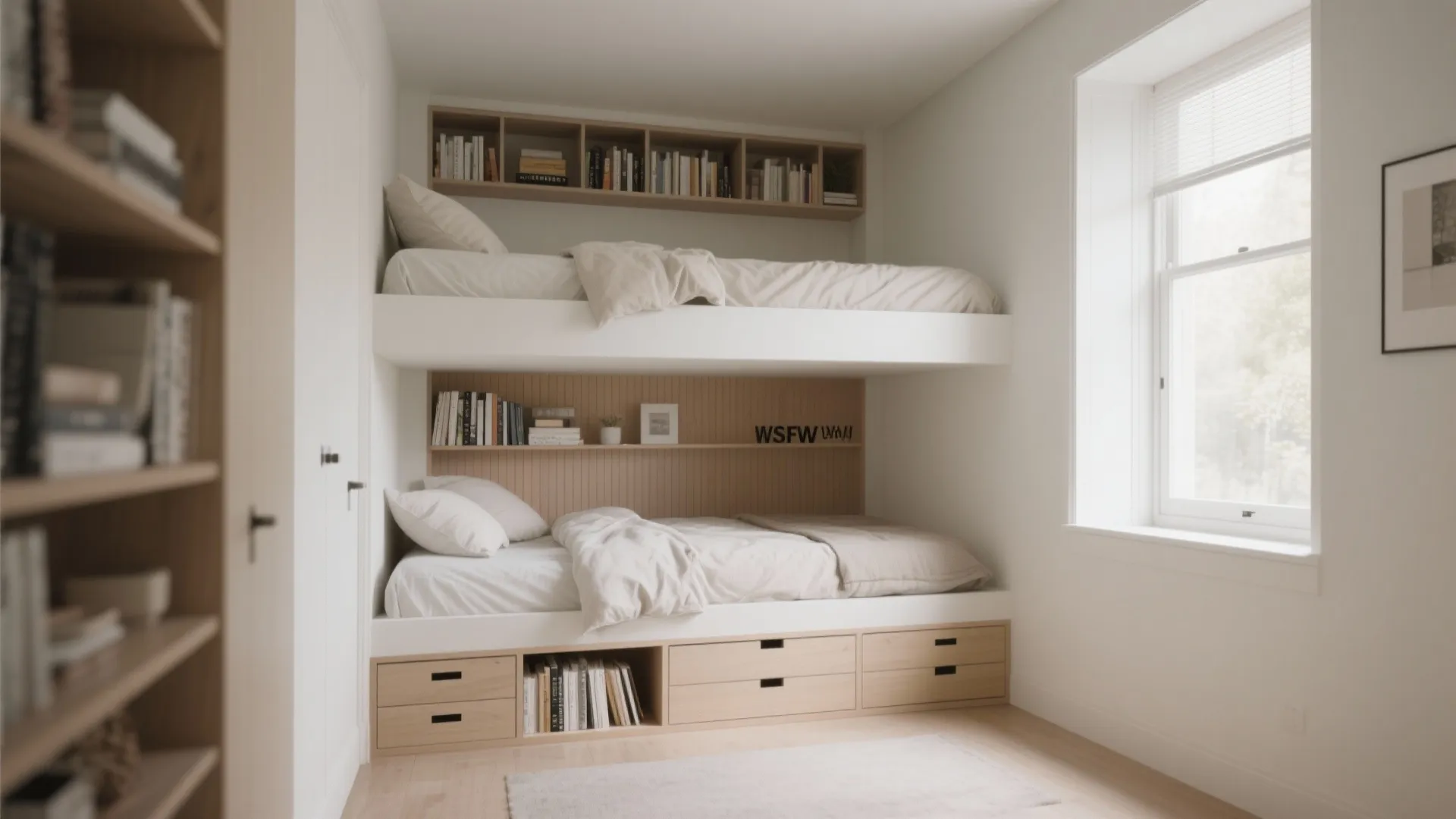 White built-in bunk bed with wooden storage drawers and bookshelves in a small bright bedroom
