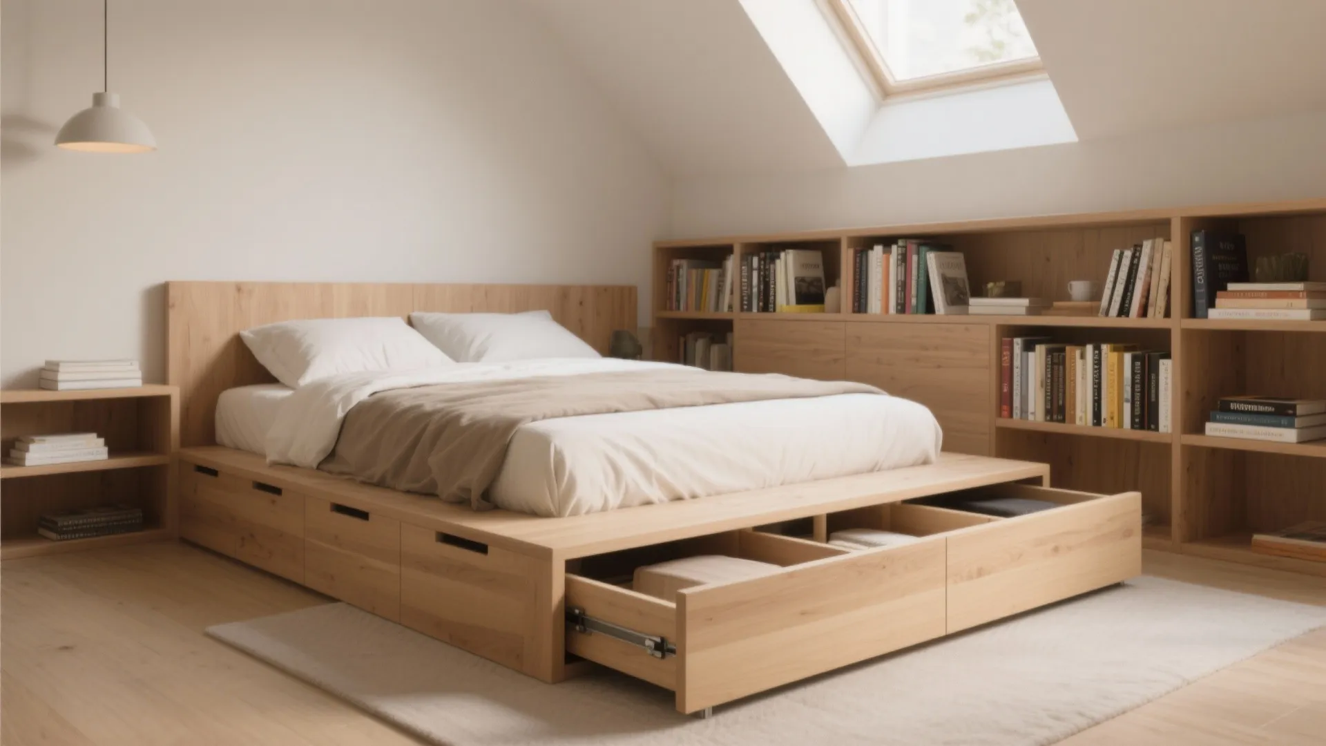Wooden bed frame with open storage drawers underneath located next to large bookshelves and window