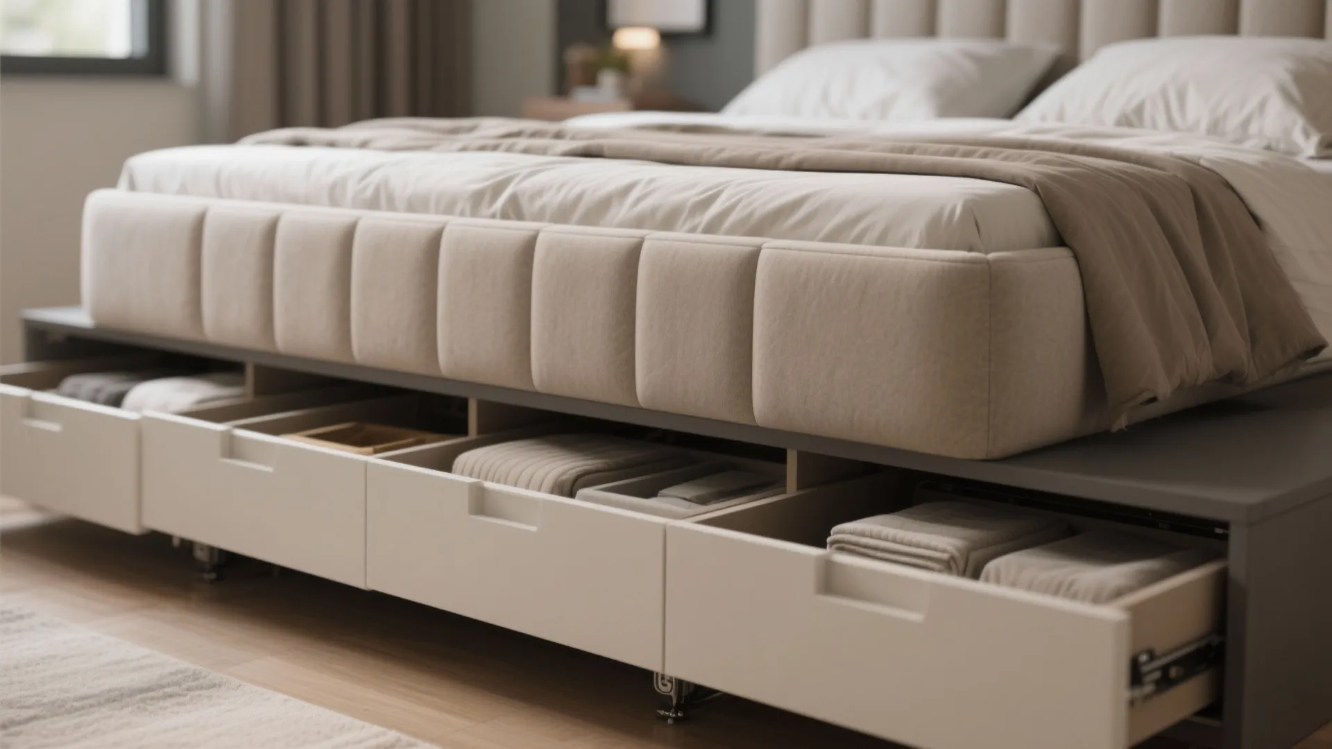 Built-in storage under seating and beds
