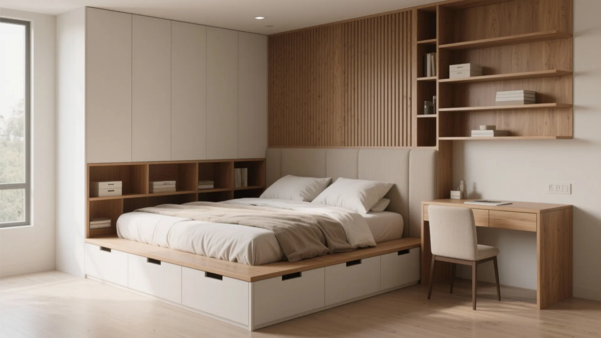 Built-in raised bed with drawers and tall vertical shelving saving floor space in a small bedroom