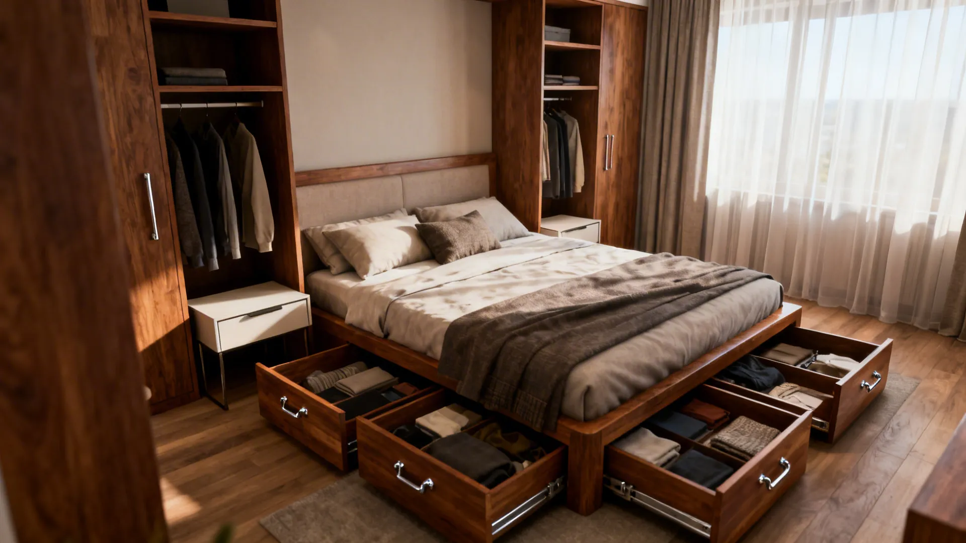 King bed with under-bed drawers and shallow built-in closets flanking the headboard