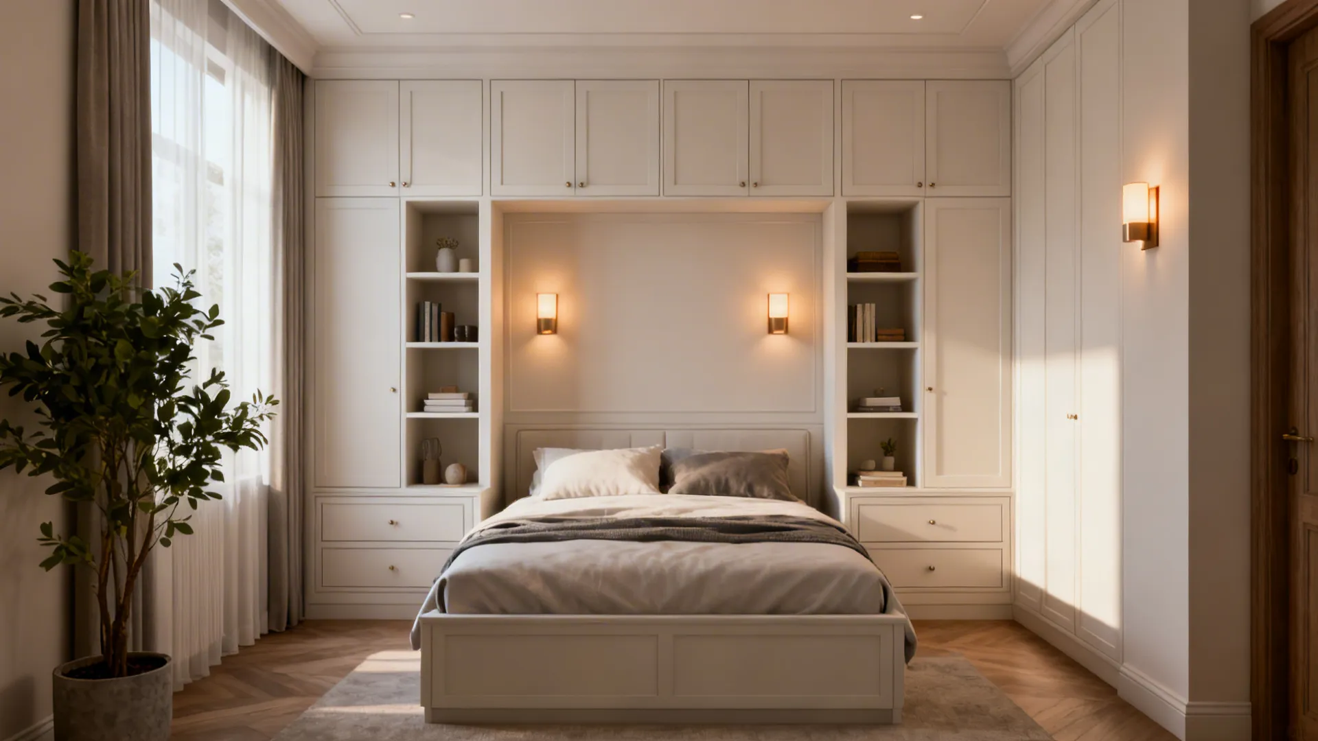 Small bedroom with head-to-toe built-in cabinetry framing a double bed