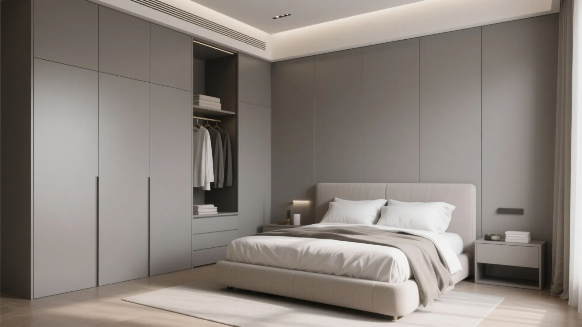 Minimalist grey bedroom featuring floor to ceiling built in cabinets and a clean wall panel