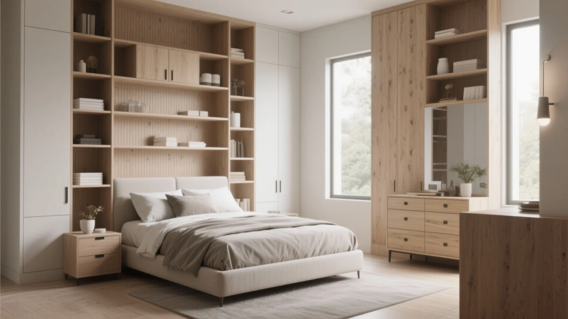 Light wood bedroom with built in wall storage shelves large bed and wooden cabinet for books