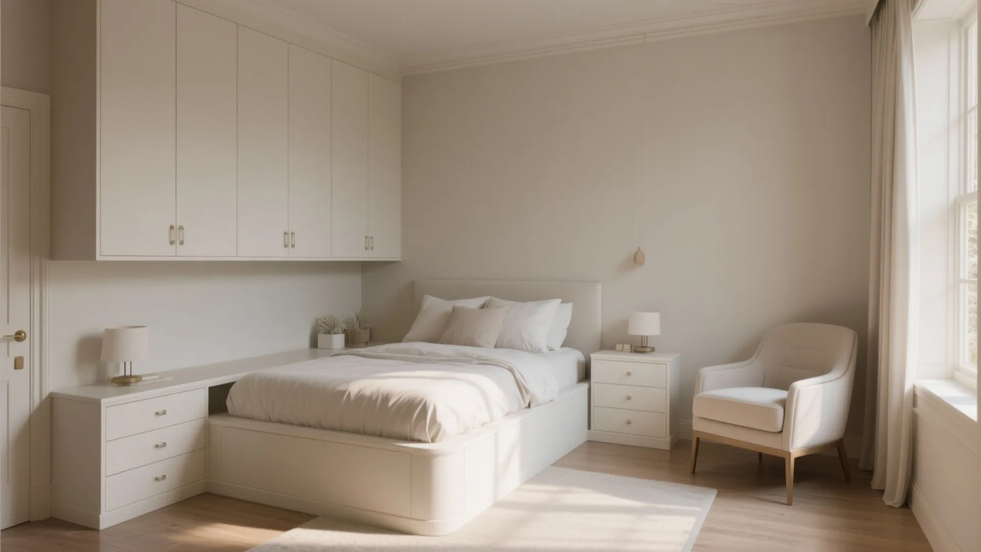 Compact bedroom with antique white built-in storage and floating nightstands