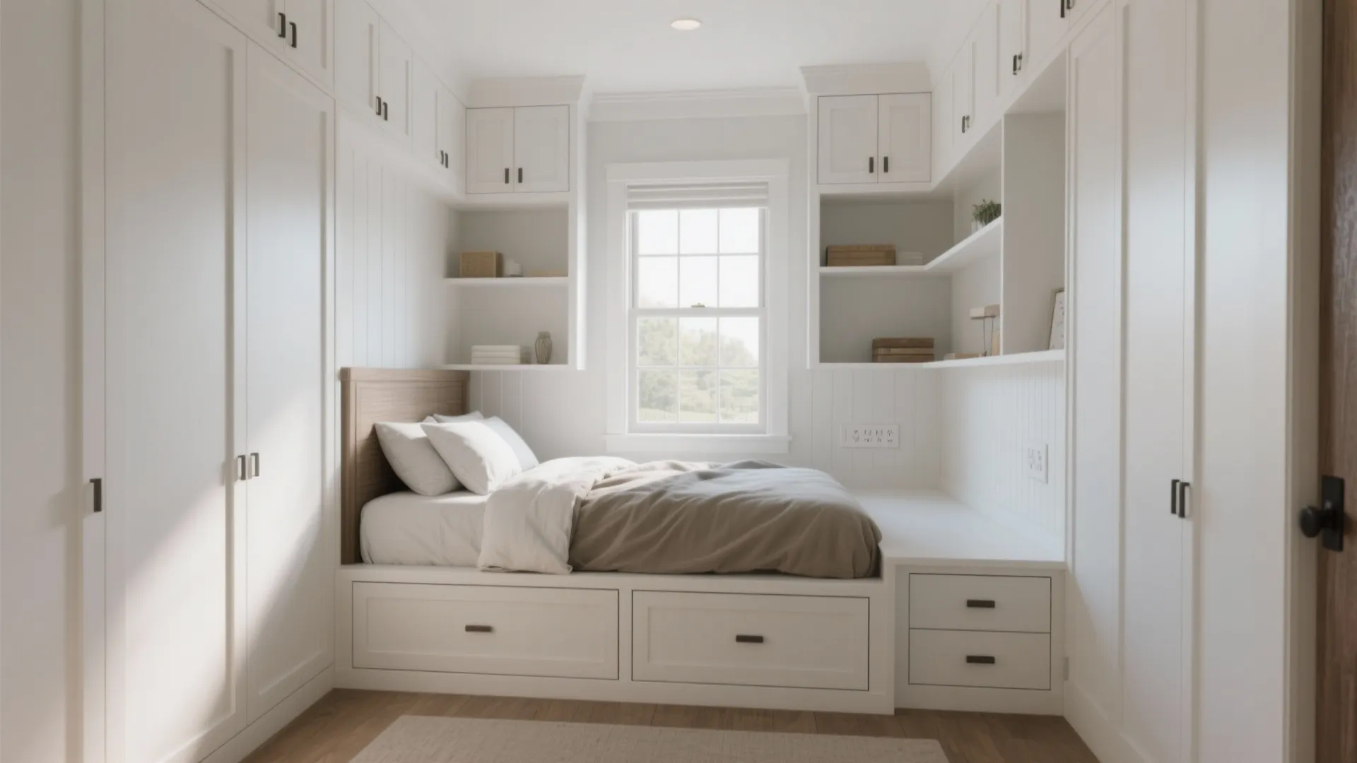 Compact bedroom with custom white built-in cabinetry around window and bed, integrated shelving and drawers.