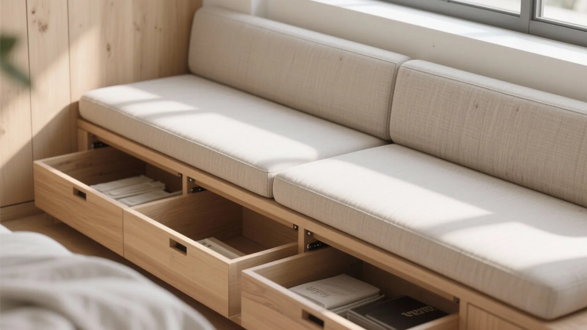 Wooden window bench with cream cushions featuring built in storage drawers under the seat area