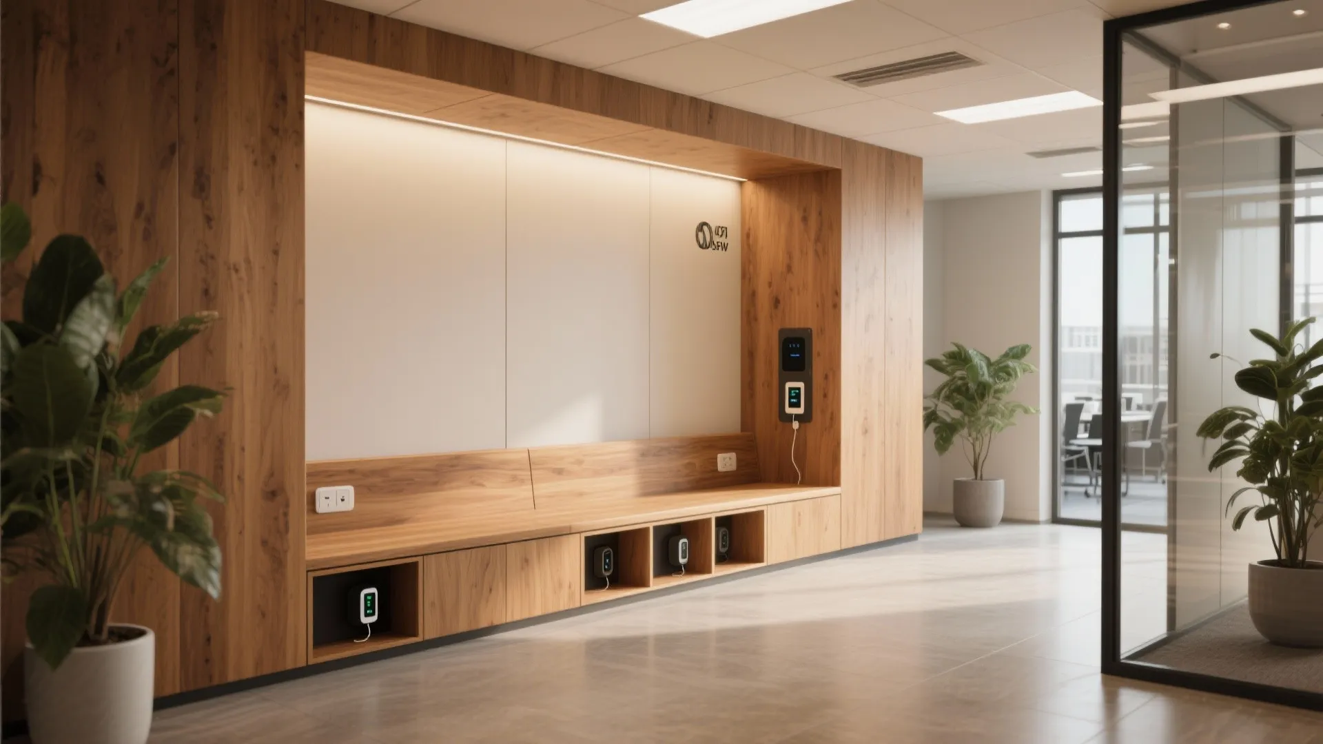 Office entryway with built-in storage bench and charging station