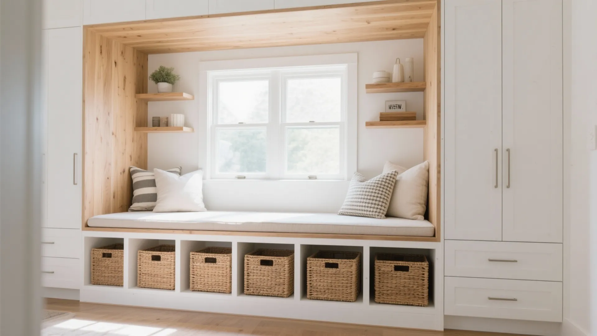 Built-in wooden window seat with white cushions, storage baskets, wall shelves, and large white cabinet